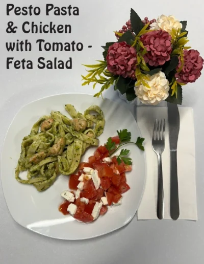 Pesto Pasta & Chicken with Tomato - Feta Salad